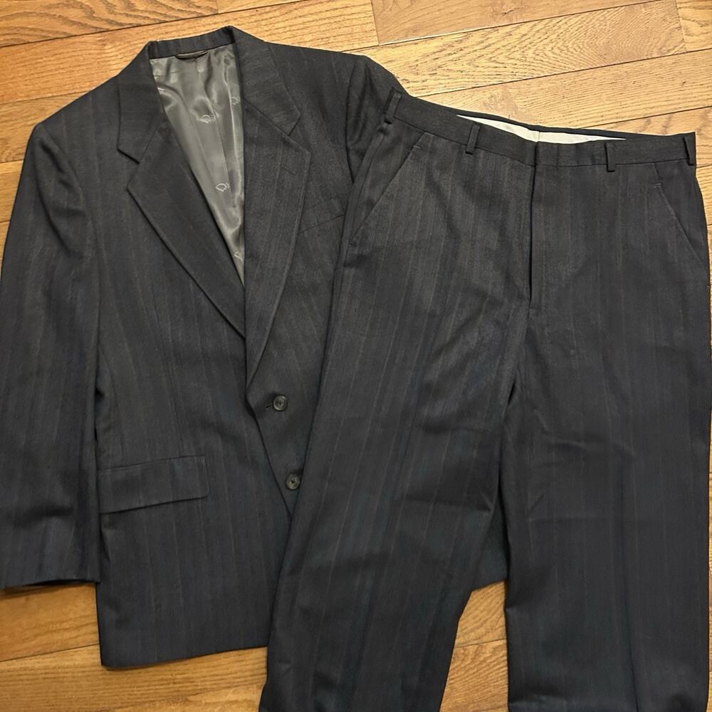 Vintage Christian Dior Monsieur Herringbone Grey Wool Suit Jacket And Pants 40